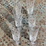 6 vintage clear chiseled crystal and glass champagne flutes