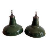 Pair of Vintage Industrial Suspensions in Green Enamelled Sheet Metal