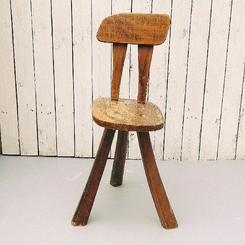 Vintage brutalist wooden tripod chair