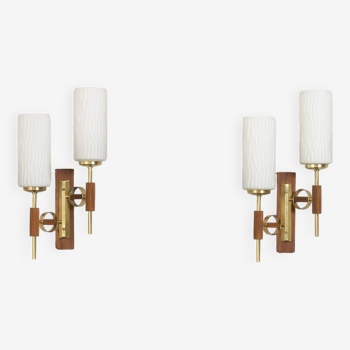 Pair of teak and brass wall sconces, 1960s