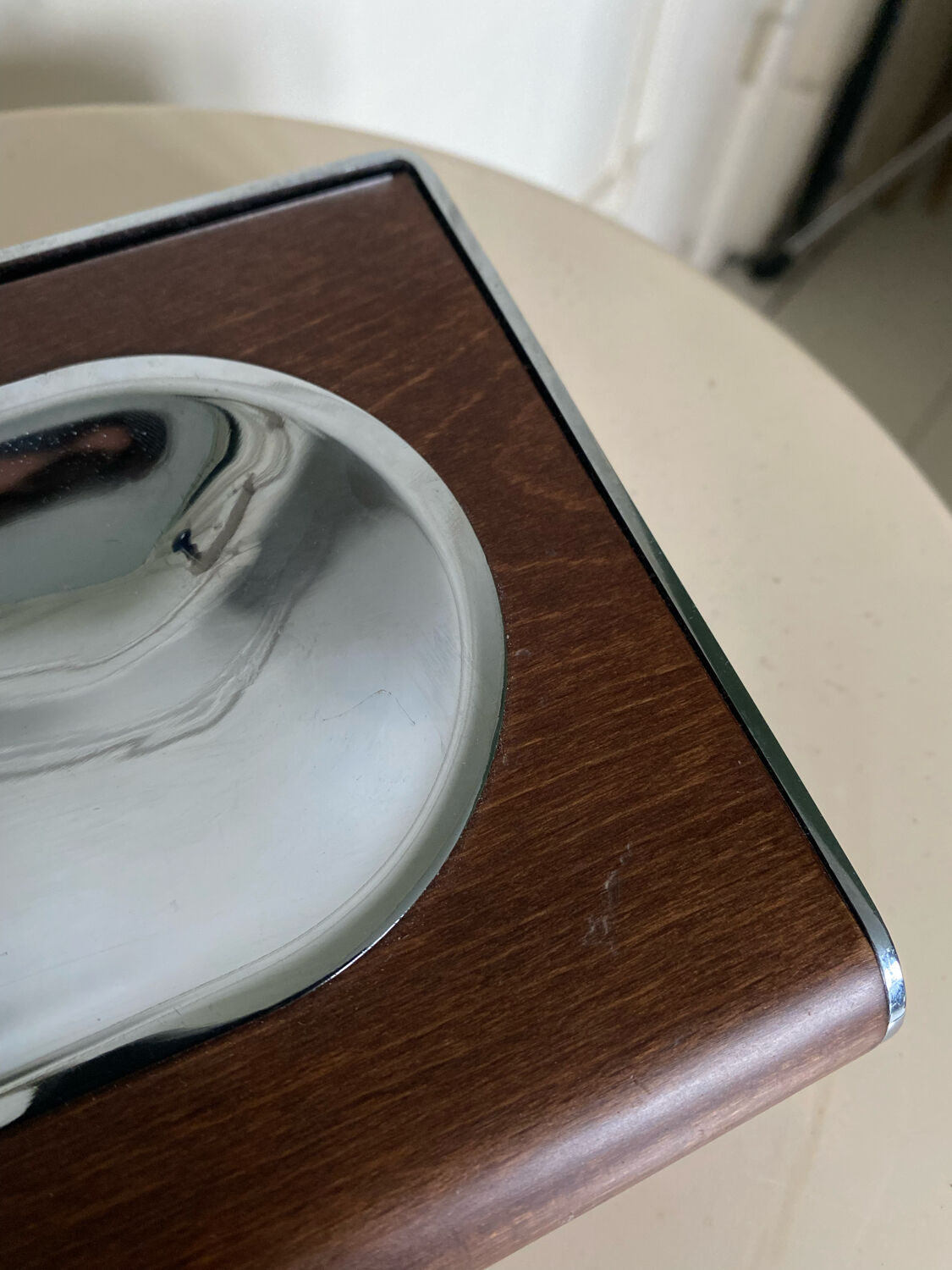 Wall soap holder design chrome and walnut wood