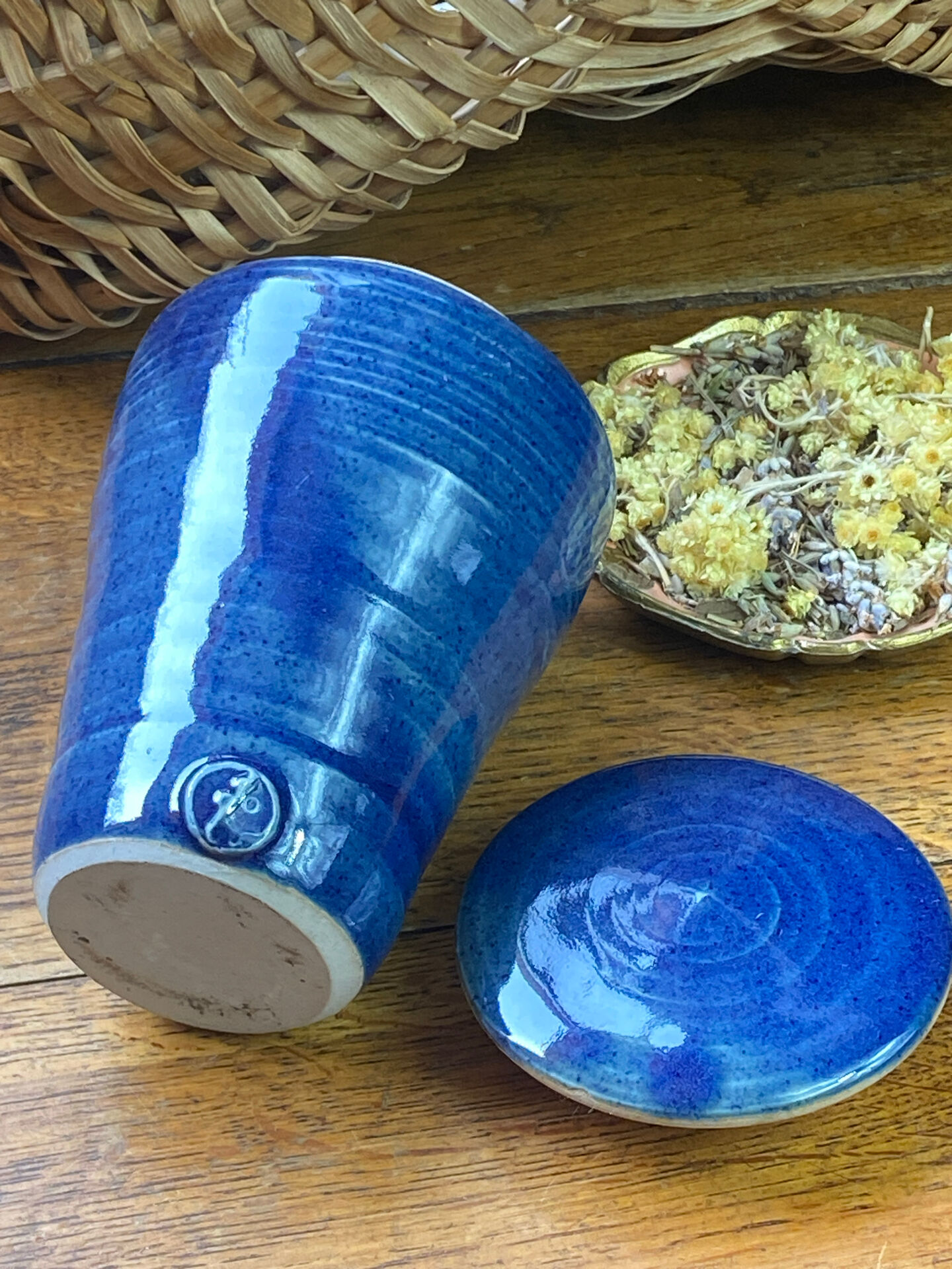 Glazed blue stoneware bonbonnière
