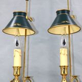Pair of Empire style bouillotte lamps with bronze conical lampshade Lucien Gau