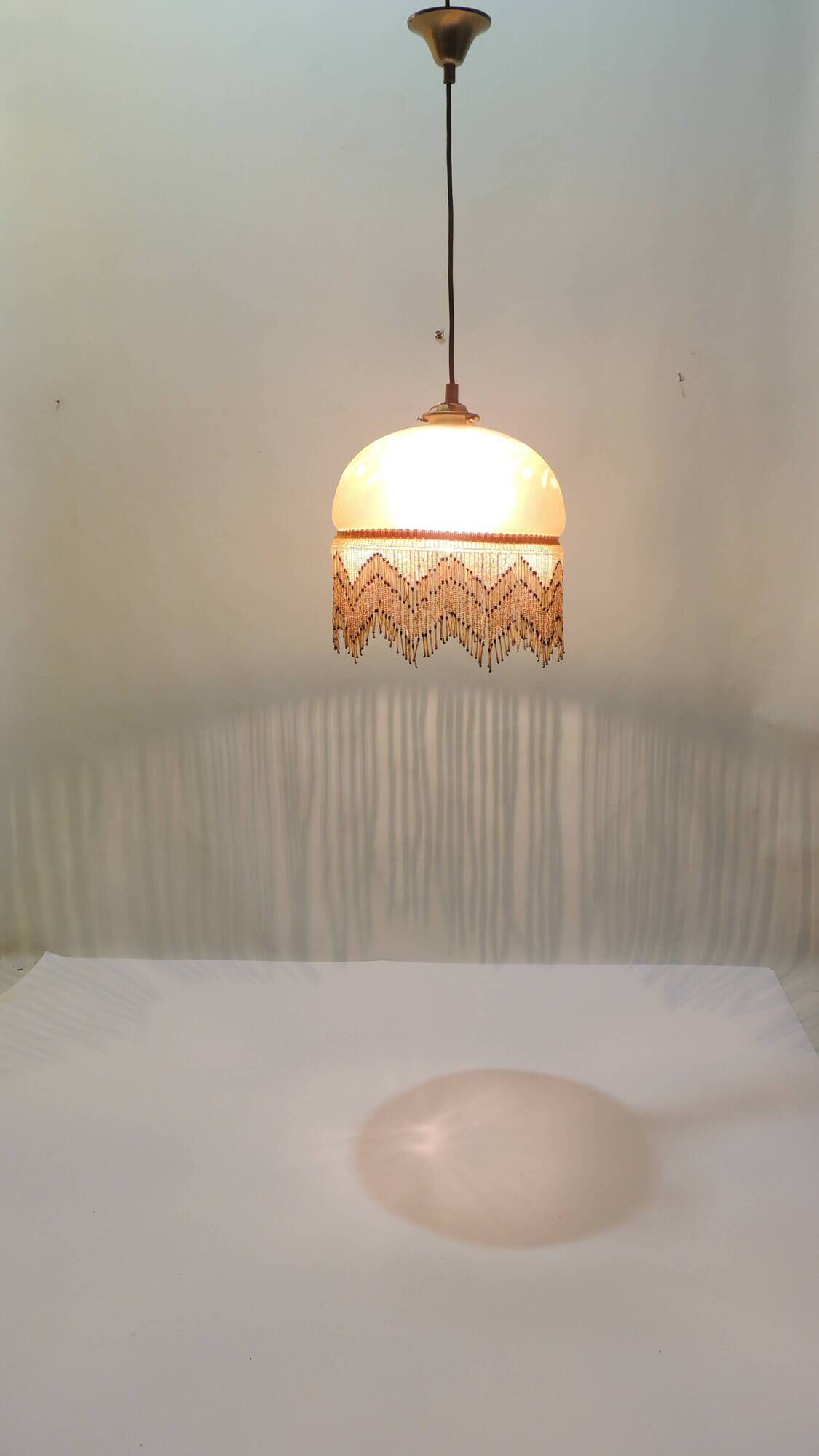 Vintage frosted glass pendant light with beaded fringes - Art Deco lamp