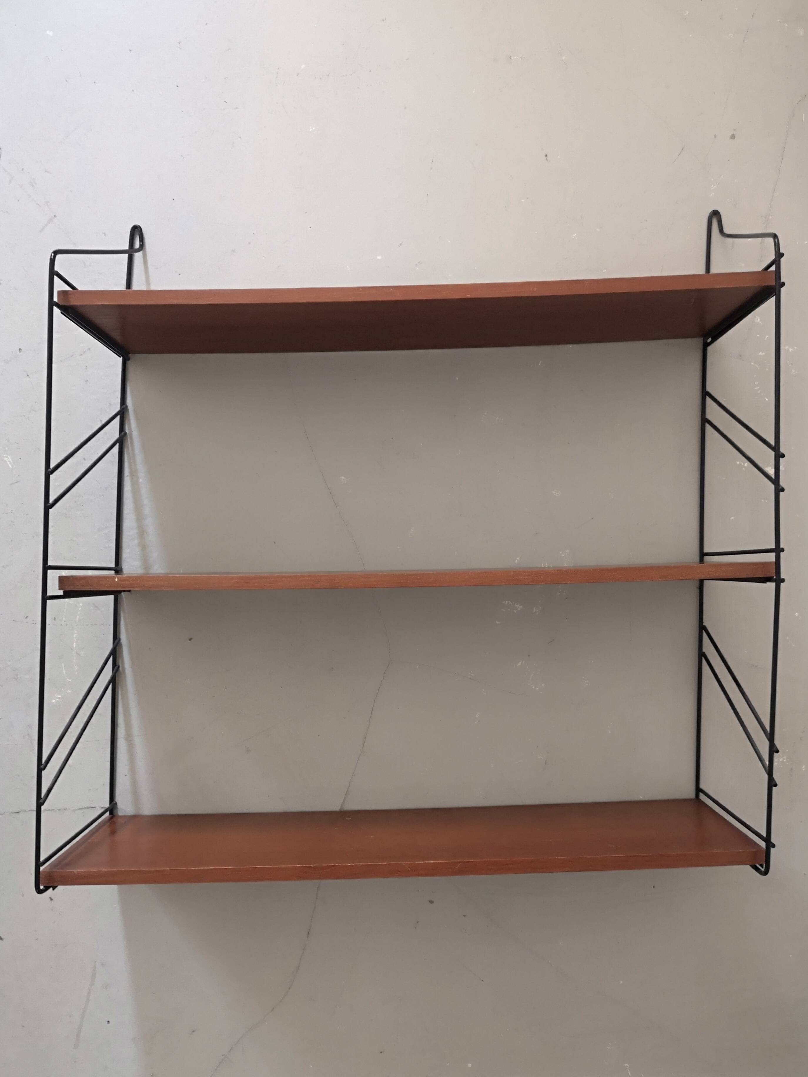 Scandinavian tomado wire wall shelf in teak, 1970
