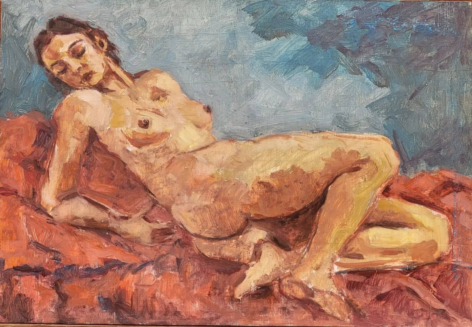 20th Century Expressionist Reclining Female Nude Original Oil Painting