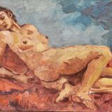 Peinture à l'huile originale expressionniste du XXe siècle représentant une femme nue allongée