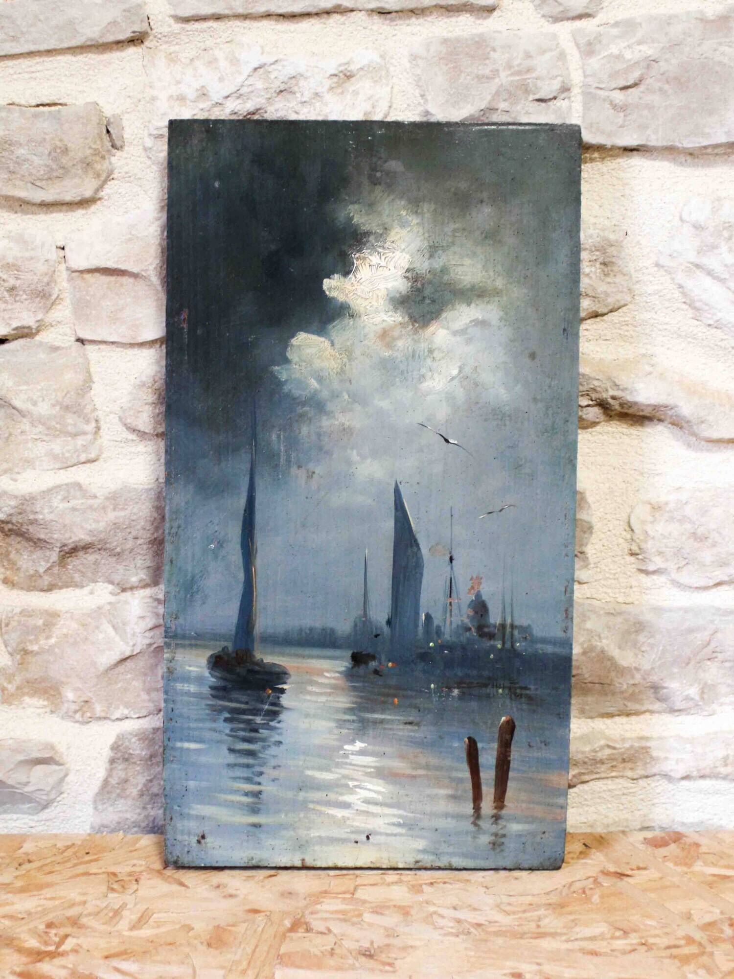Oil on panel - Moonlight on the Thames in London