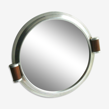 Plateau rond Art Déco, miroir et tour aluminium, 2 poignées bois