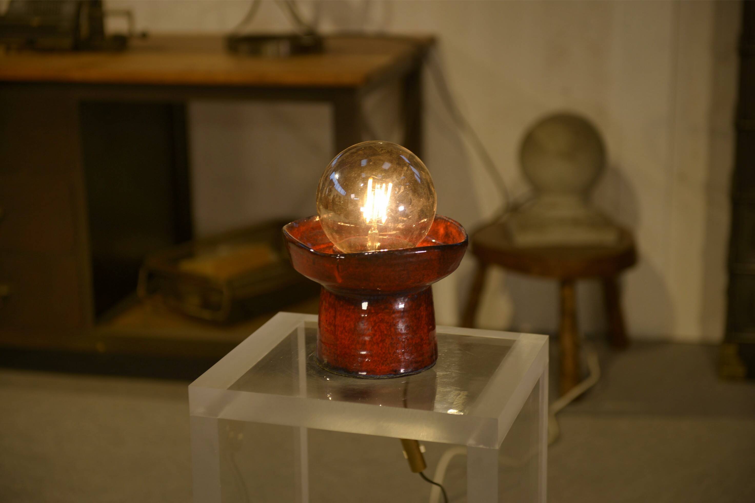 Red ceramic table lamp by Guillerme and Chambron 1980s