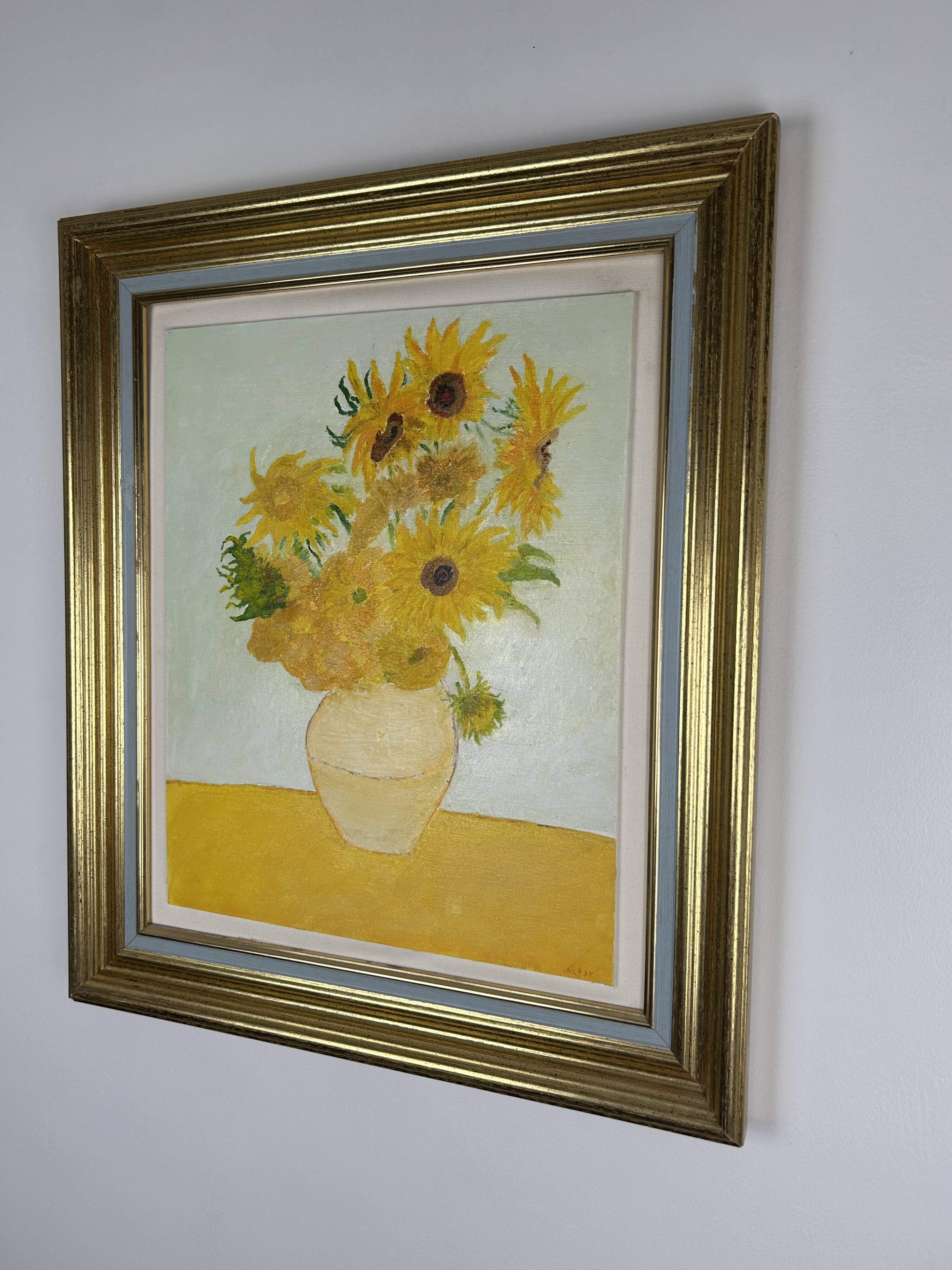 Peinture originale encadrée "Tournesols dans un vase" signée Mady
