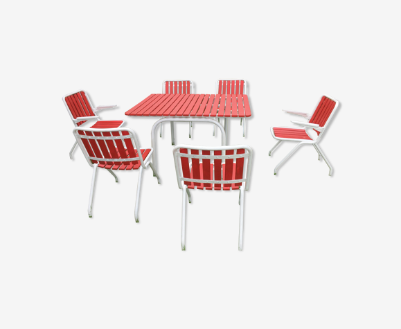Salon de jardin années 60 bois et métal. Très bon état , (8 éléments)