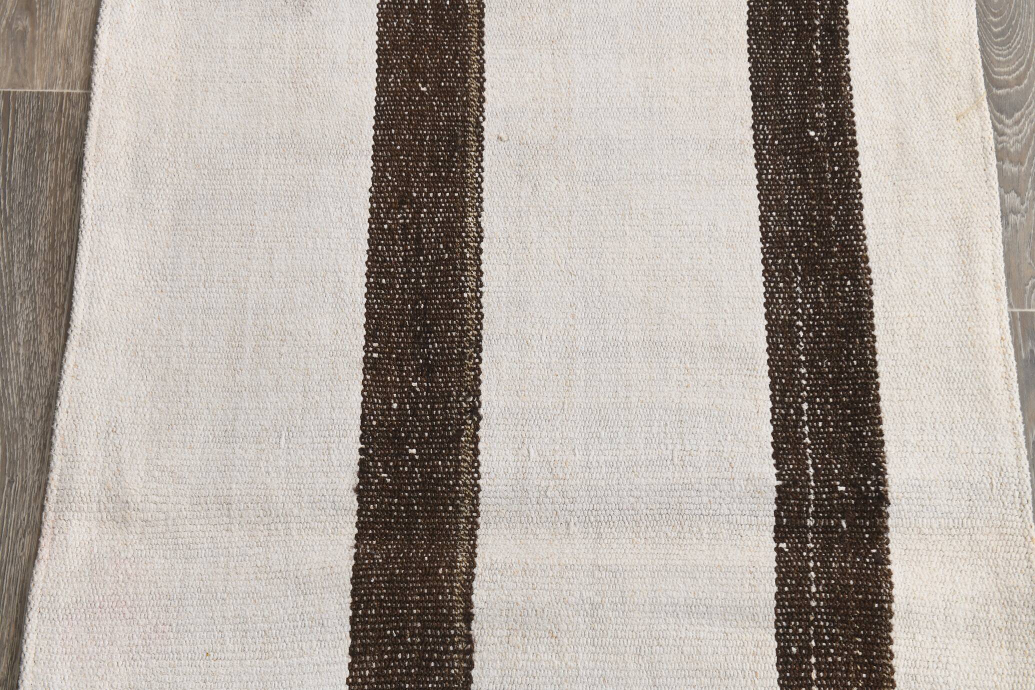 Short White Brown Turkish Kilim Runner Rug, 75x174Cm