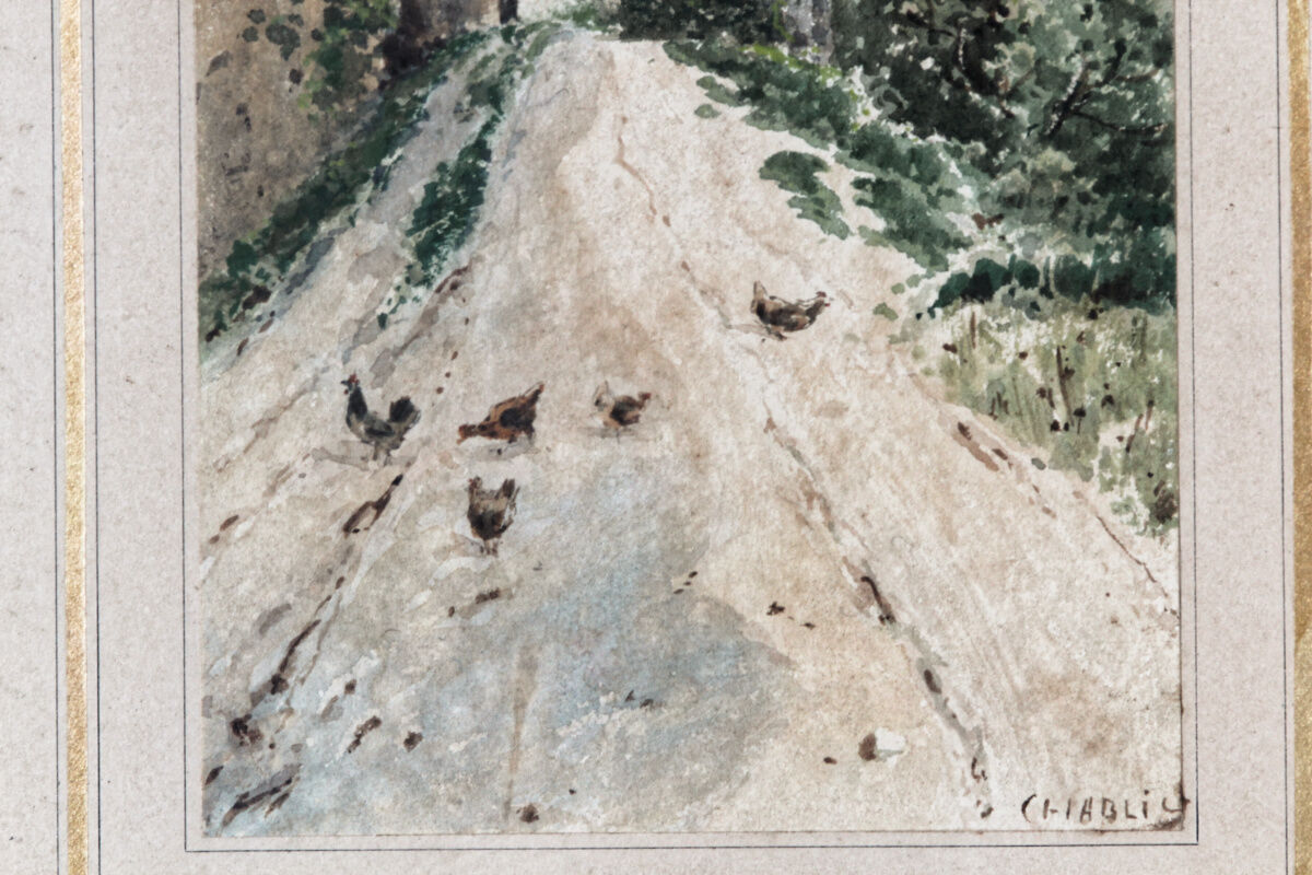 Watercolor signed, chickens in front of a ruin