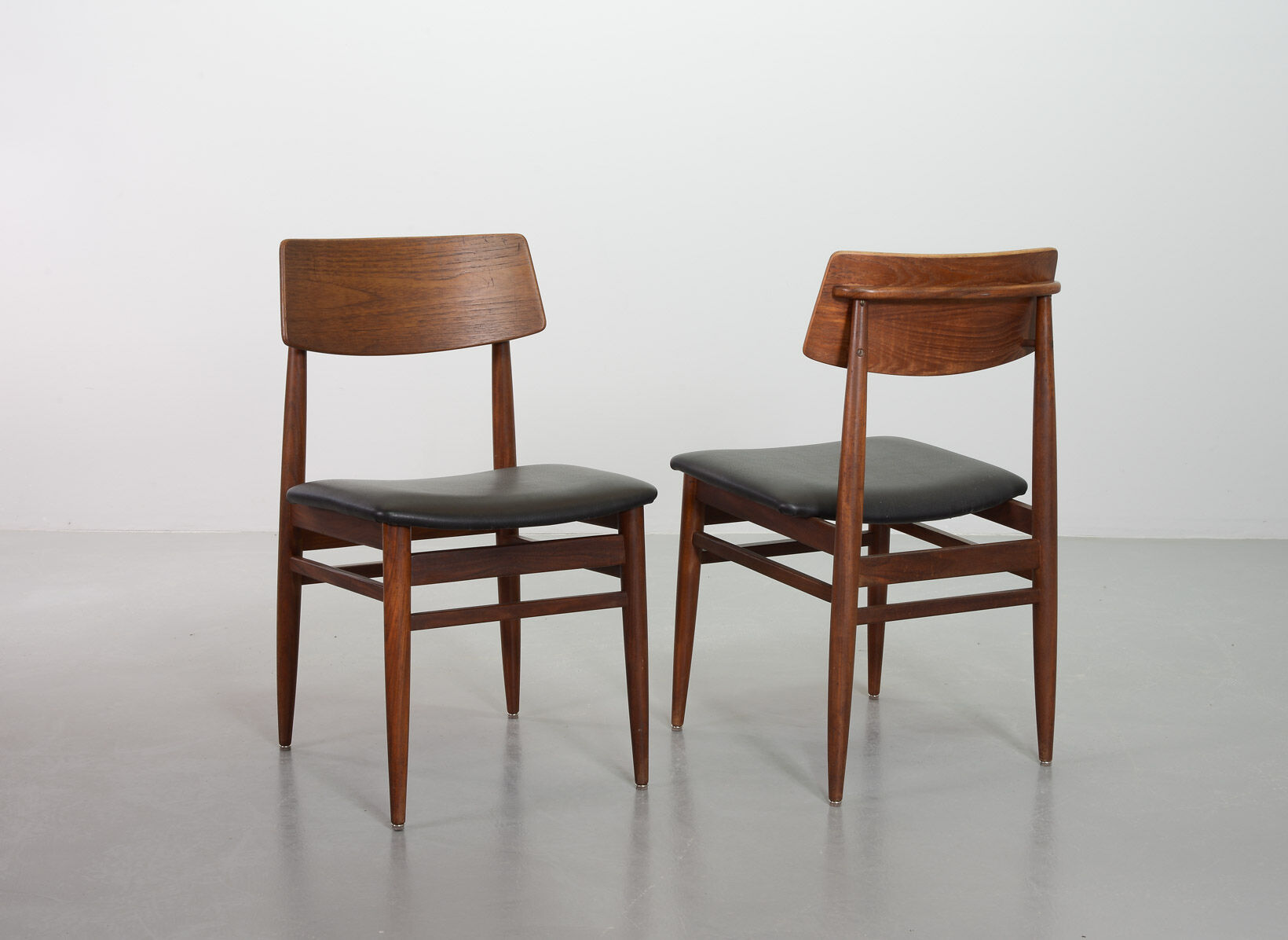 Danish Solid Teak Wooden Dining Chairs with Black Leatherette Seating 1960s