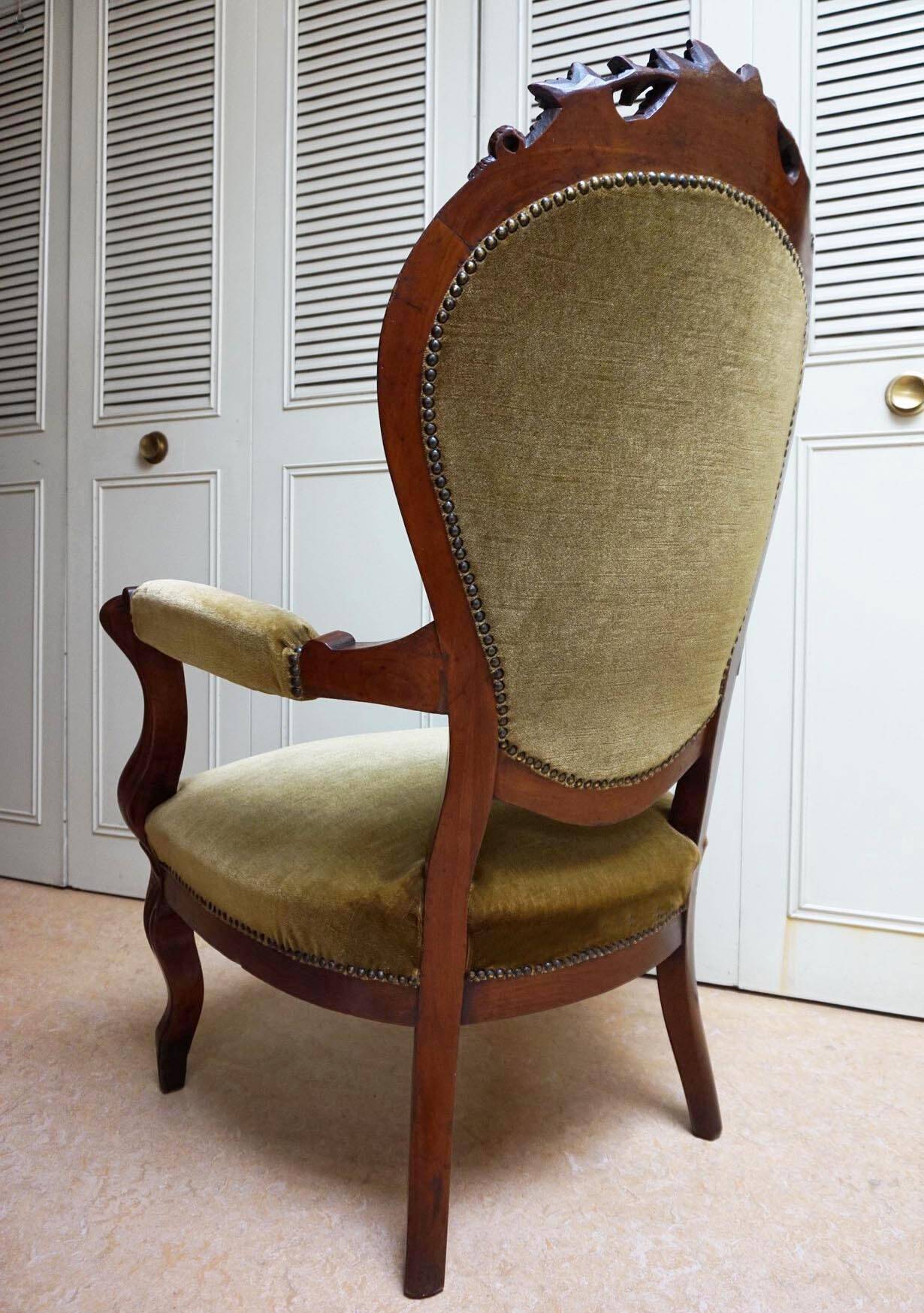 Mahogany Napoleon III Armchair with Carved Grapes  Decoration on Top, 1870s