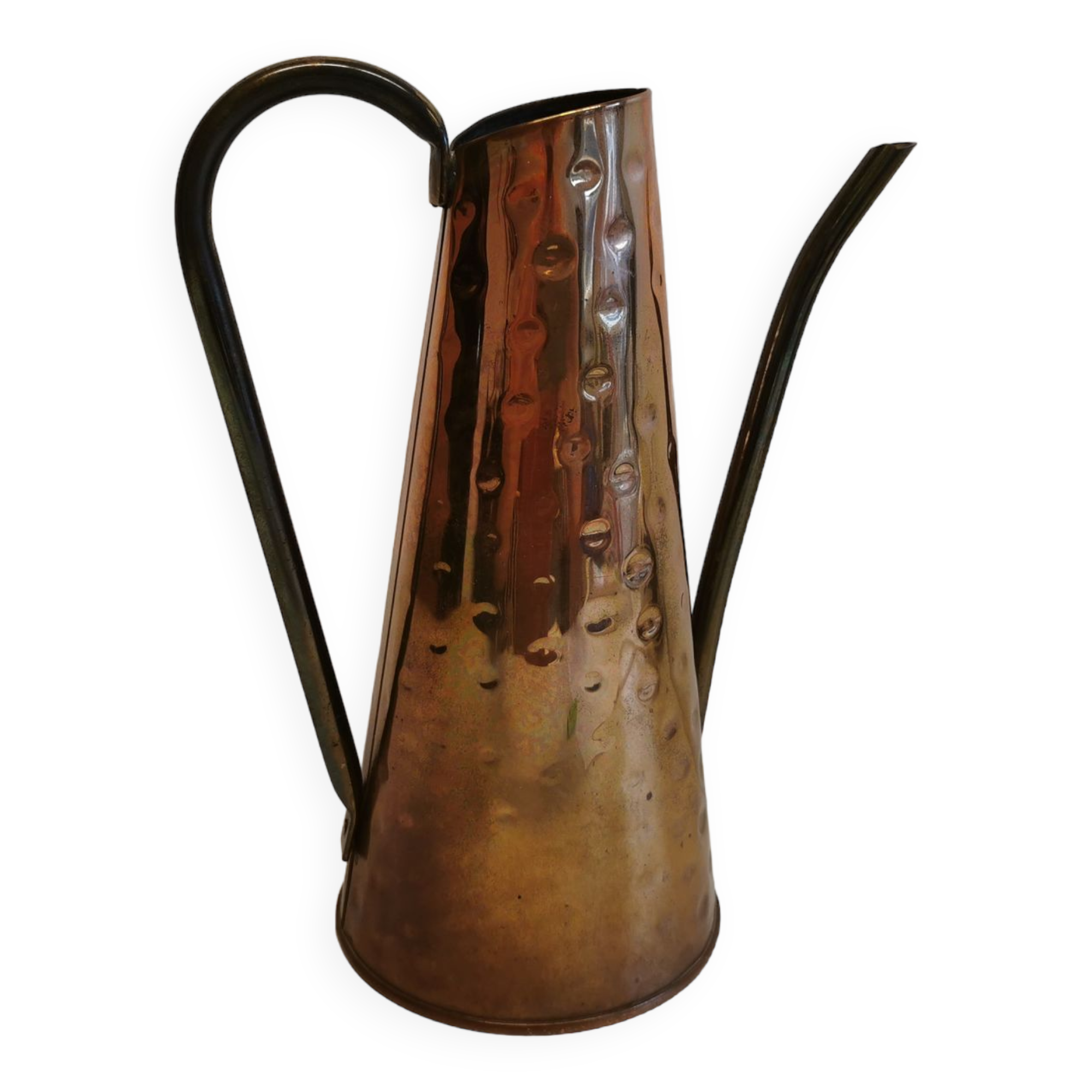 Watering can from the 1950s, made of hammered copper and brass