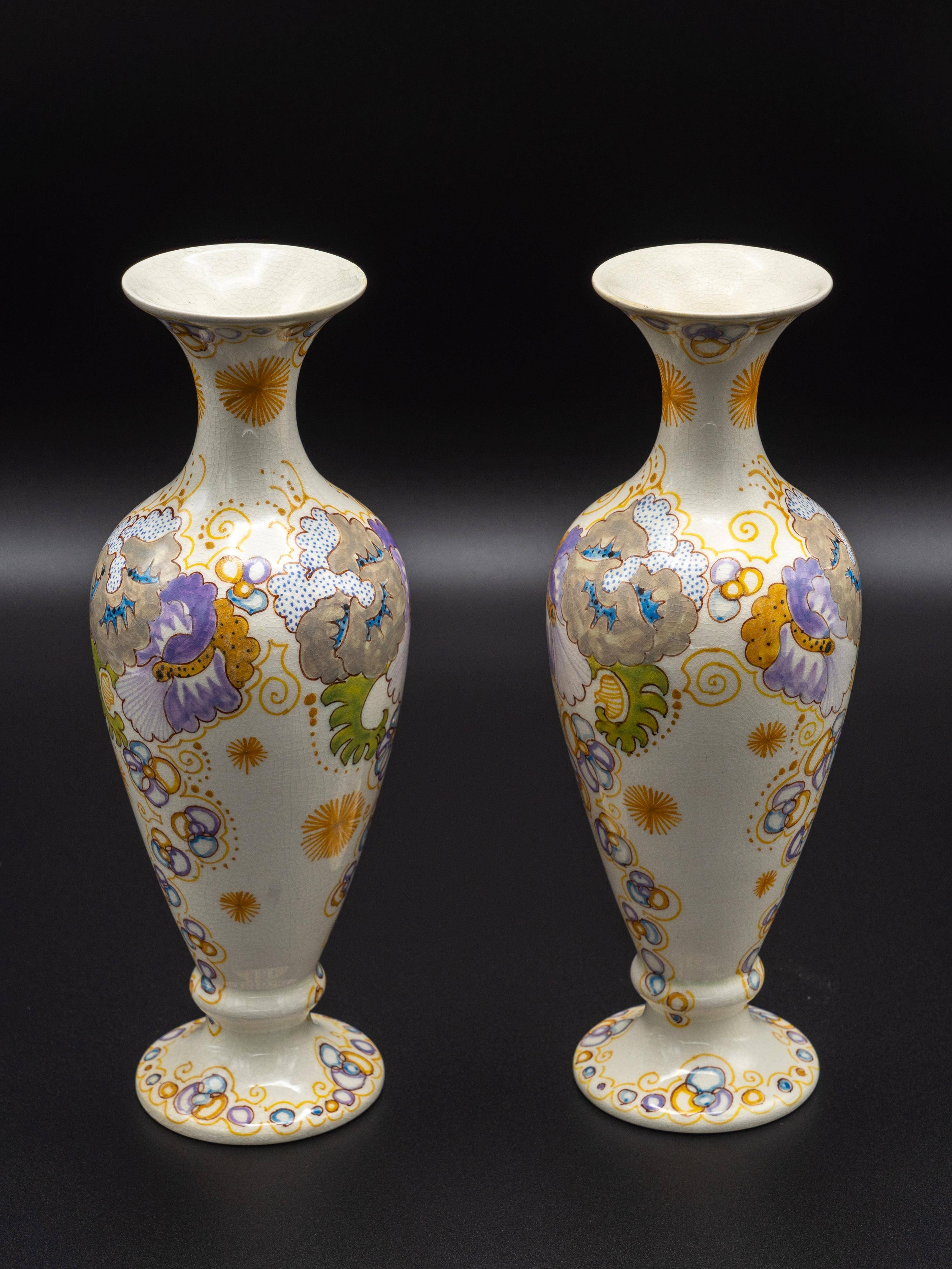 Pair of hand-painted ceramic vases in Dutch Art Nouveau Gouda PZH, 'Violetta', 1899