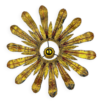 Large Spanish sunburst flower leafed light fixture in gilt metal, 1960s