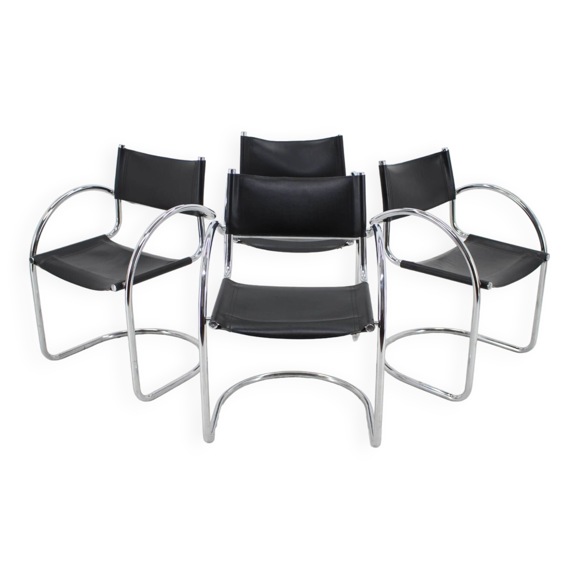 1970s Set of Four Chrome and Leather Tubular Chairs, Czechoslovakia