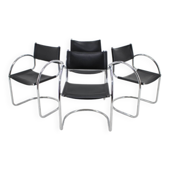 1970s Set of Four Chrome and Leather Tubular Chairs, Czechoslovakia