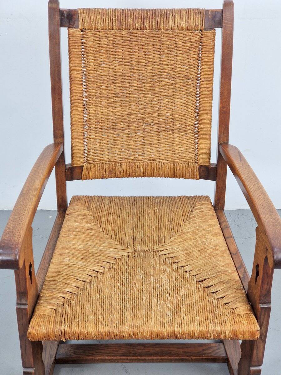 Modern Dutch Brutalist Armchair in Rush and Oak, 1950s