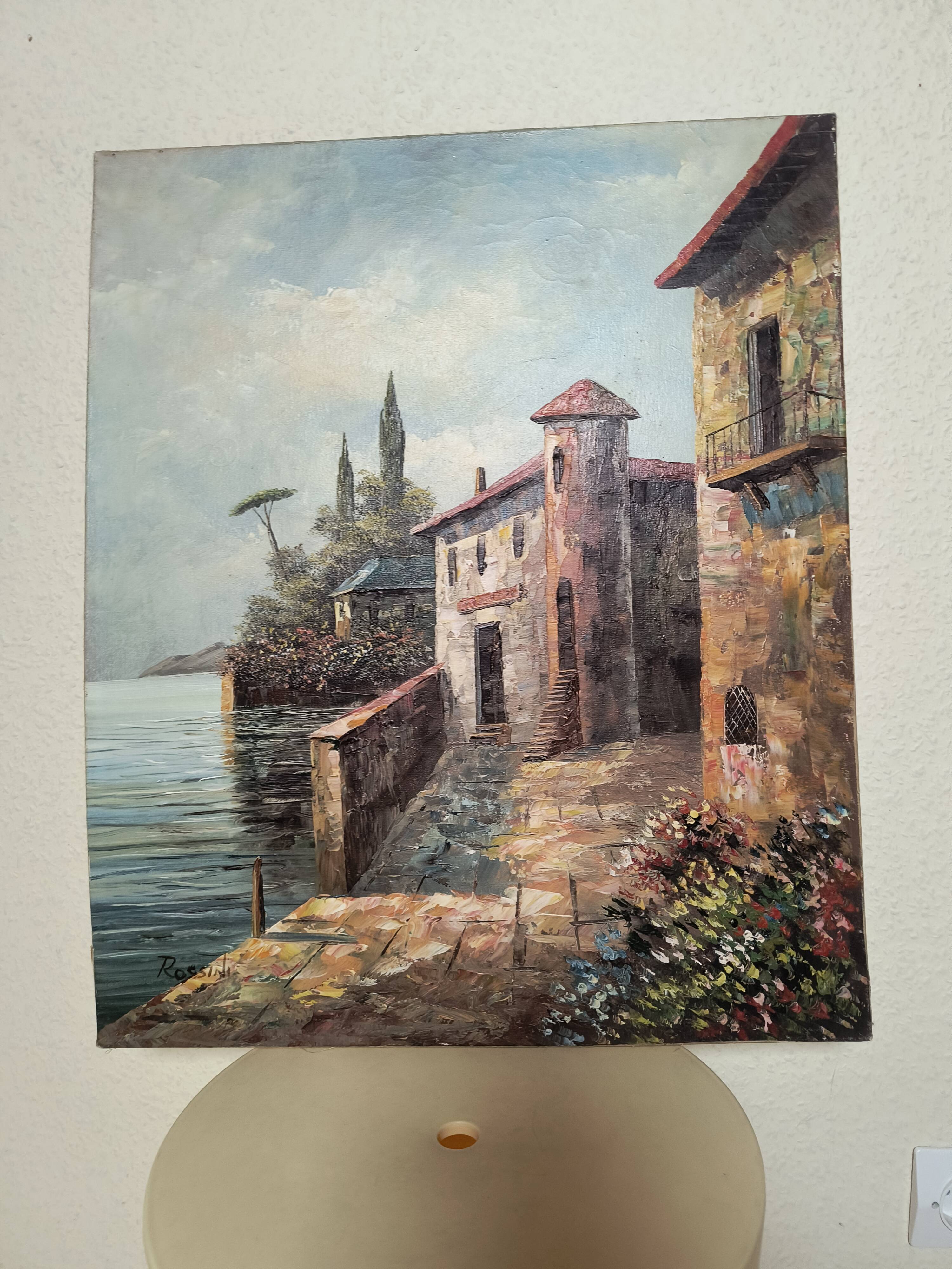 Vintage oil painting "Mediterranean Seaside" – Signed Rossini