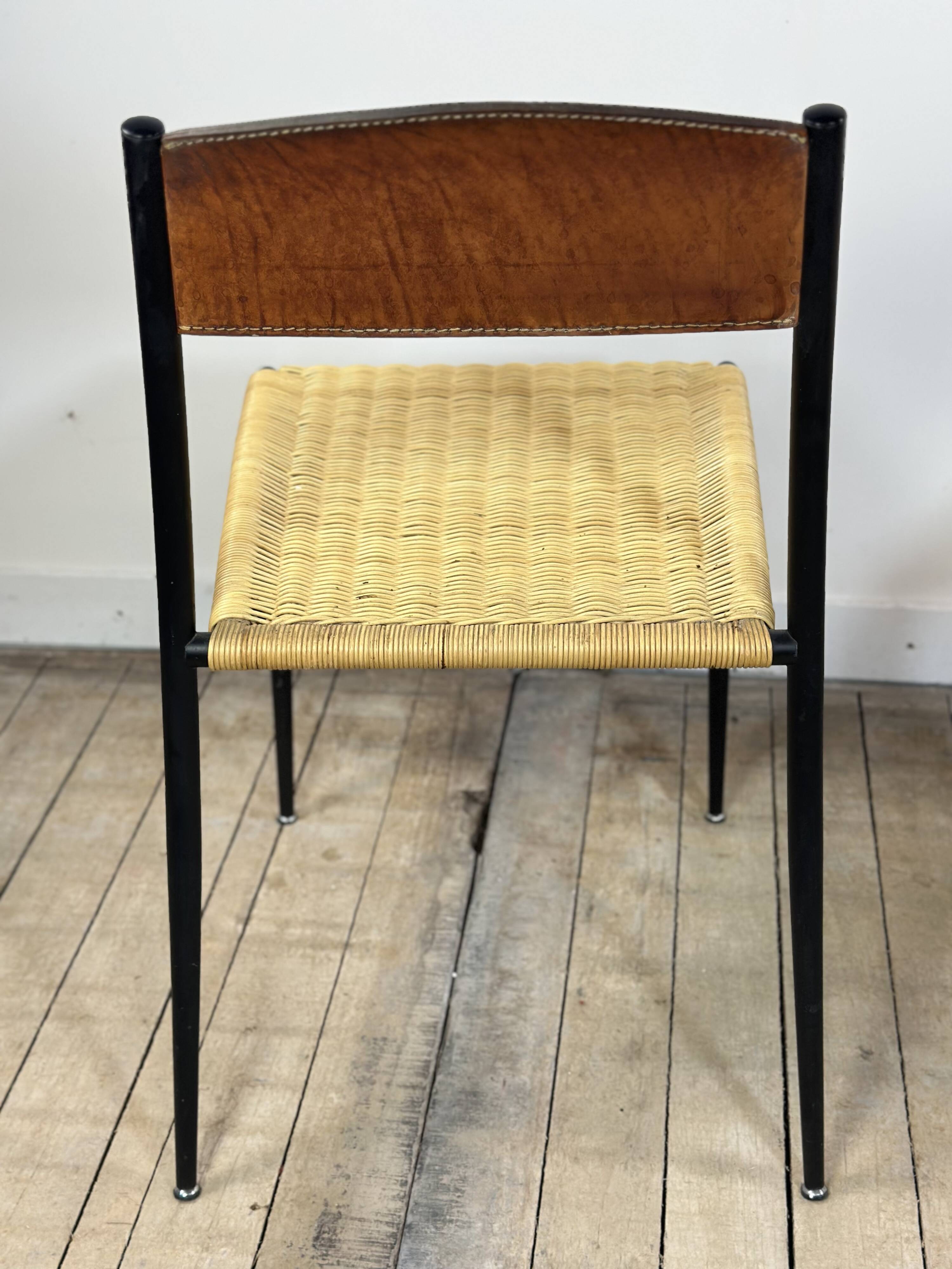 Chairs (set of 2) in metal, leather and straw 1960's