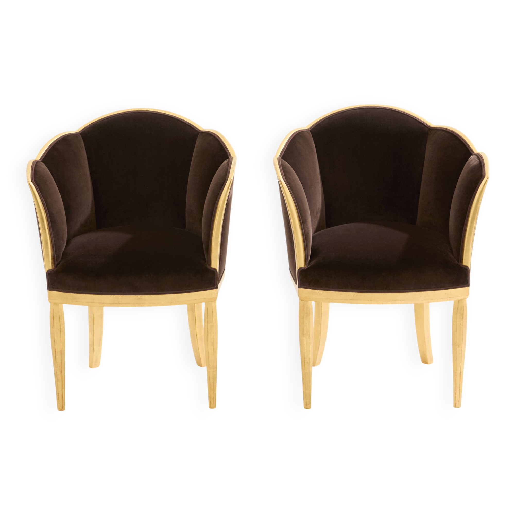 Maurice Dufrène pair of armchairs, gilded wood, brown velvet, 1925.