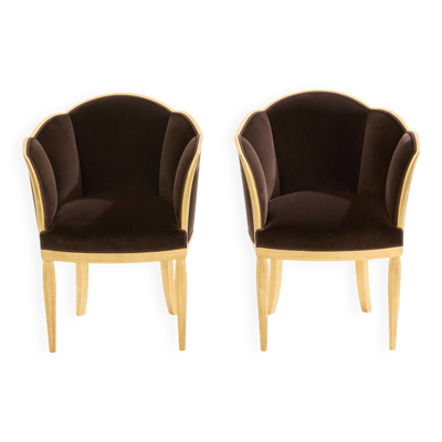 Paire de fauteuils en bois doré et velours marron parMaurice Dufrène, 1925