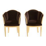 Maurice Dufrène pair of armchairs, gilded wood, brown velvet, 1925.