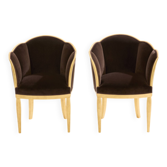 Maurice Dufrène pair of armchairs, gilded wood, brown velvet, 1925.