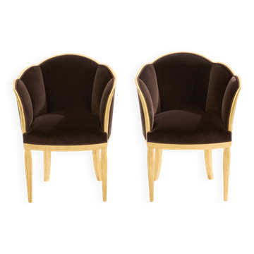 Maurice Dufrène pair of armchairs, gilded wood, brown velvet, 1925.