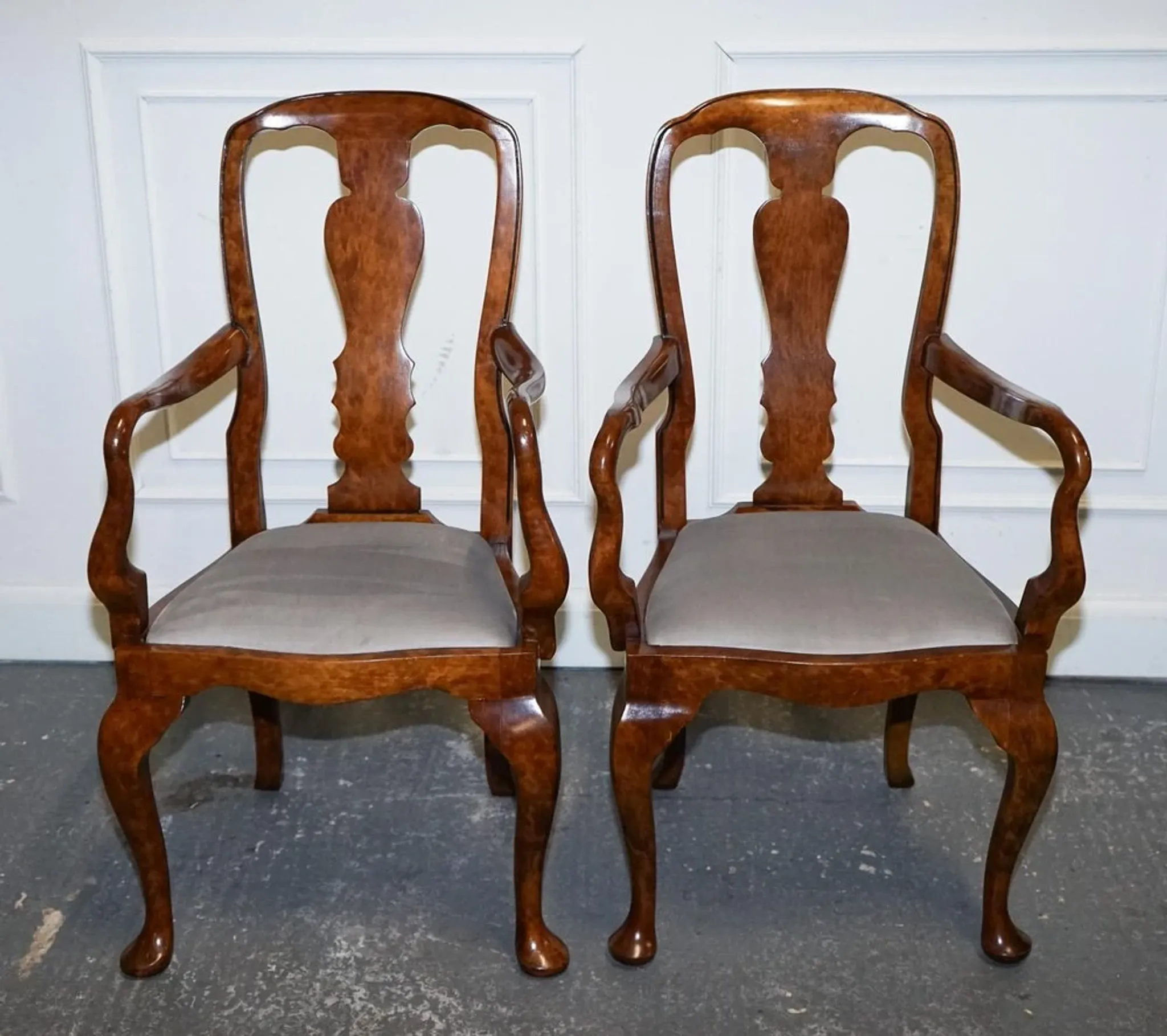 Art Deco Queen Anne Style Armchairs in Walnut Burl, 1920s, Set of 2