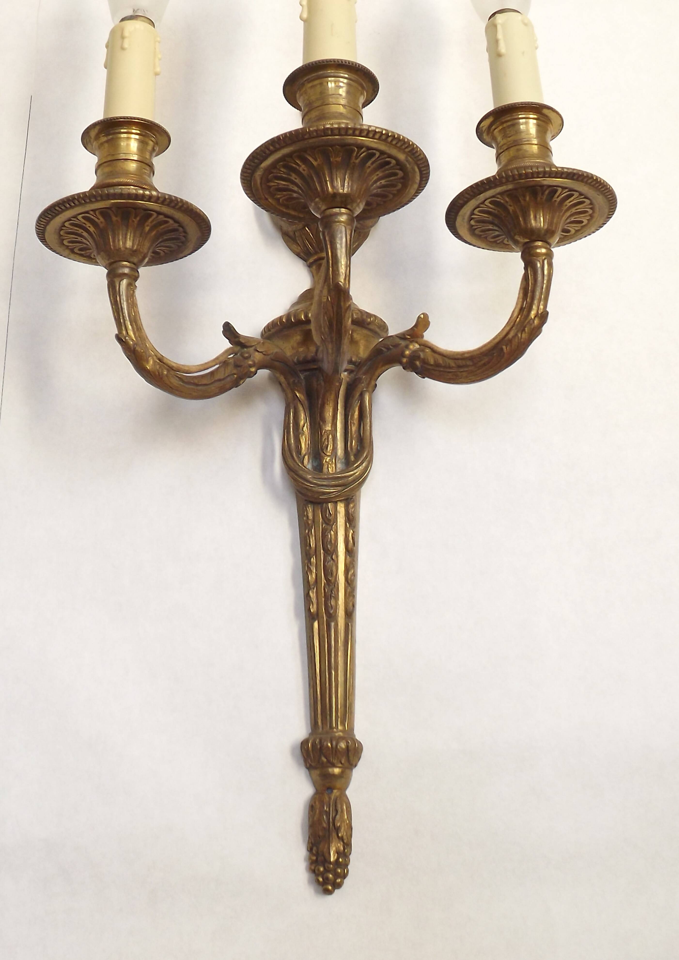 Magnificent Pair French Antique Bronze Triple Wall Lights Urn & Swag Detail