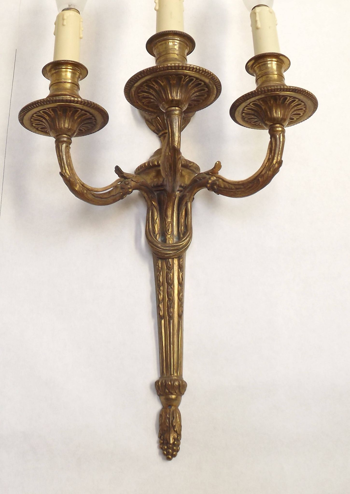Magnificent Pair French Antique Bronze Triple Wall Lights Urn & Swag Detail