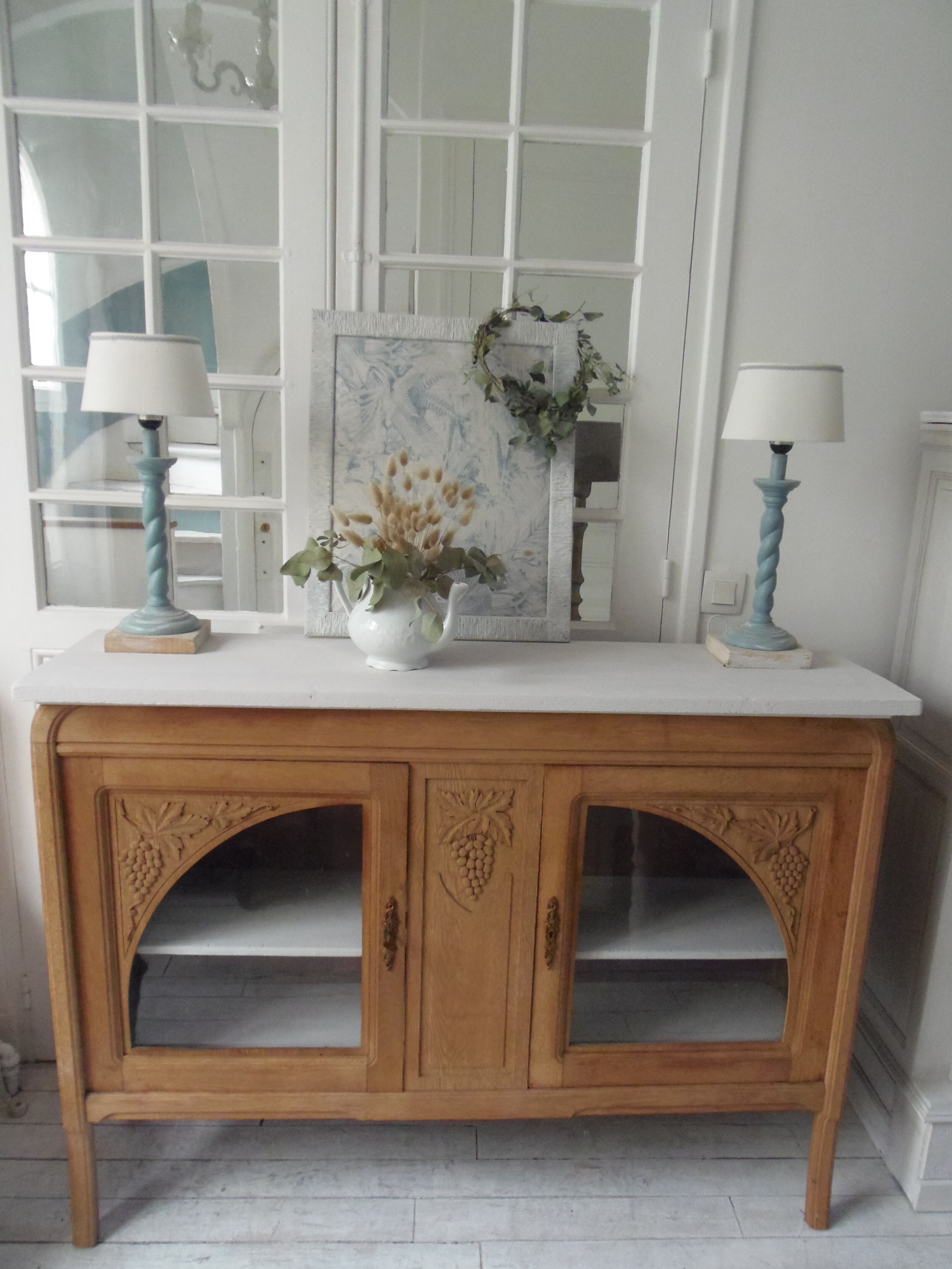 Buffet, art deco serving in oak, pearl gray patinated pine top