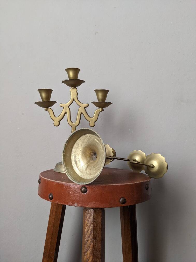 Pair of 3-branch brass candlesticks, Scandinavian country bohemian decoration