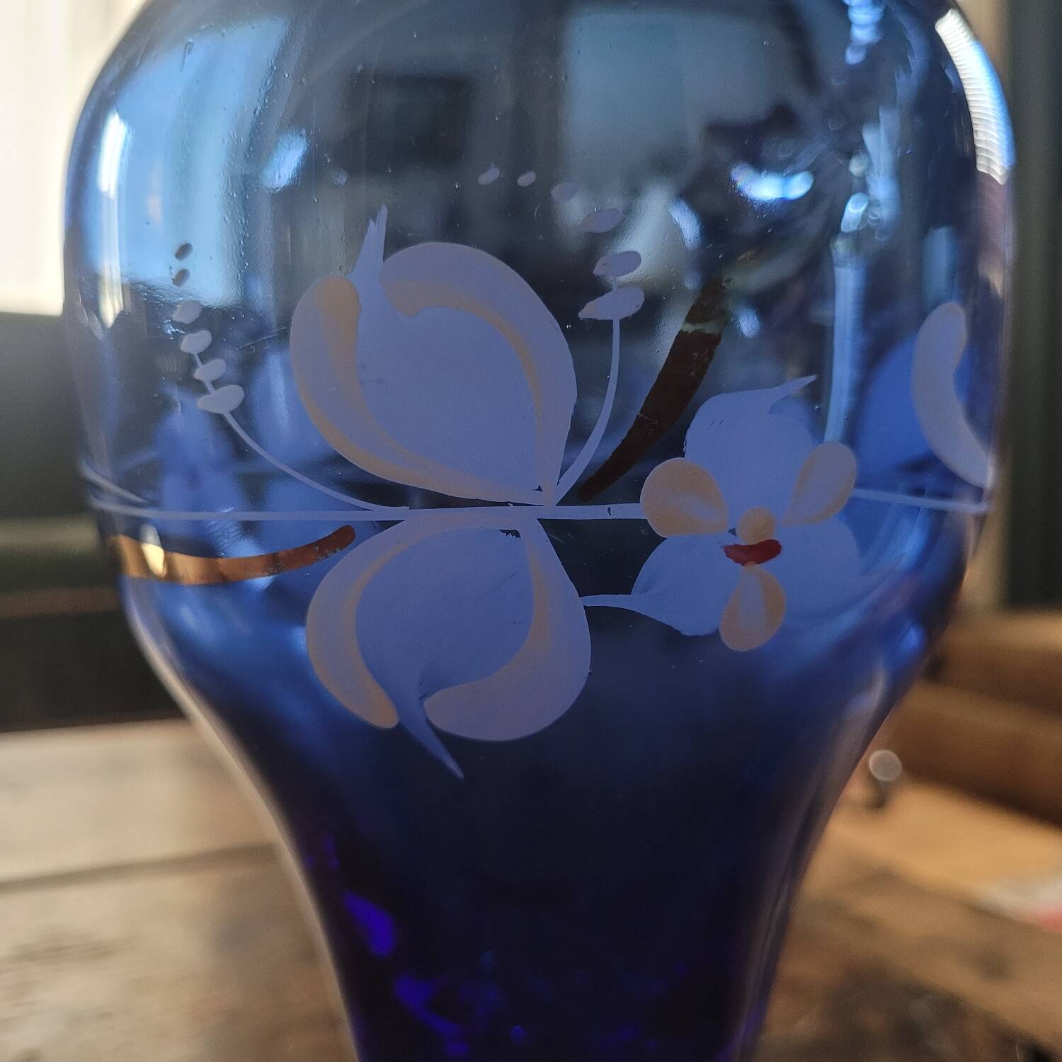 Hand-painted cobalt blue glass carafe – Bohemia – 1950s-1970s