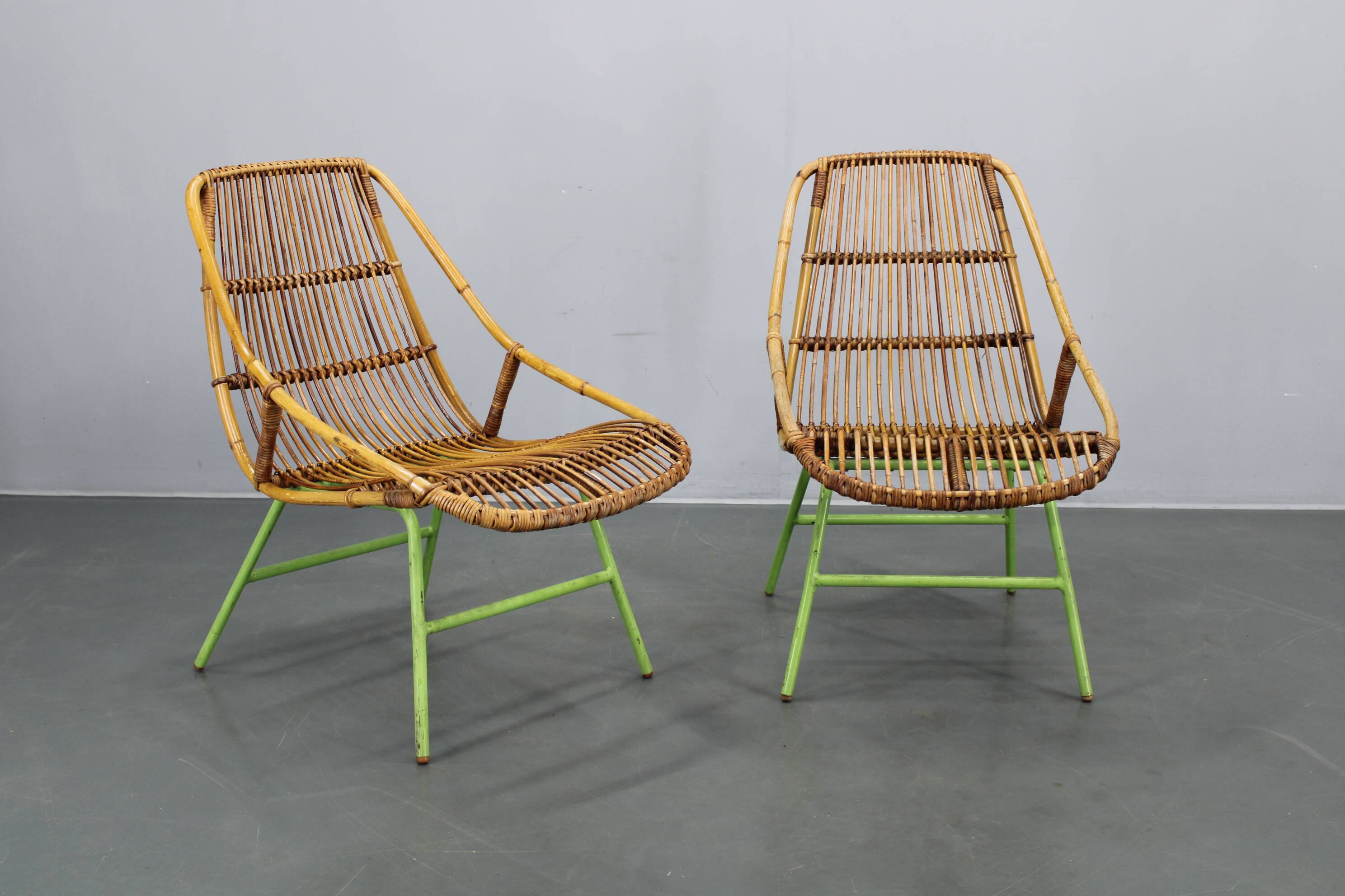Rare pair of Alan Fuchs for ULUV rattan lounge chairs, Czechoslovakia, 1960s