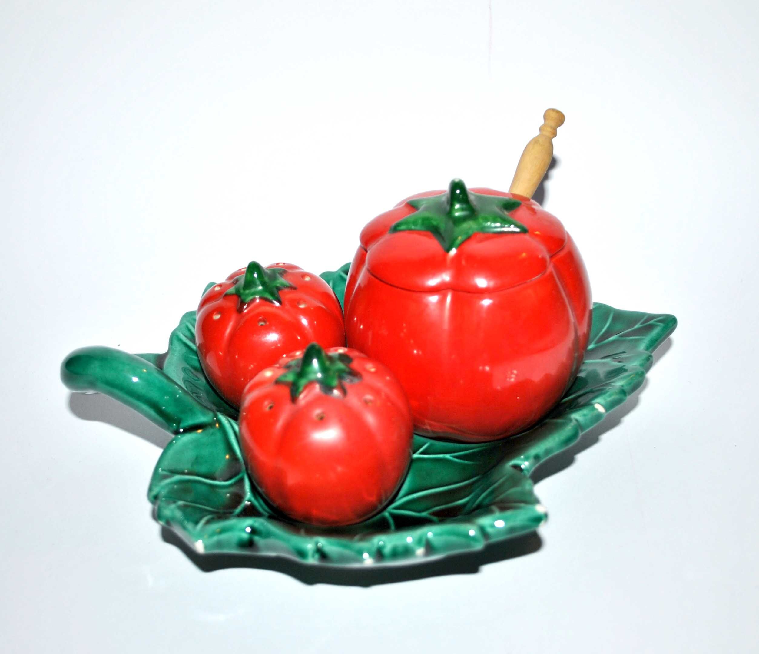 Service salt pepper mustard tomato slurry from vallauris - salt shaker ceramic pepper vintage