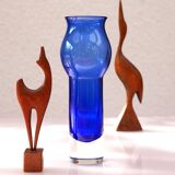 Modern Scandinavian vintage art design glass vase. Bright blue sommerso by