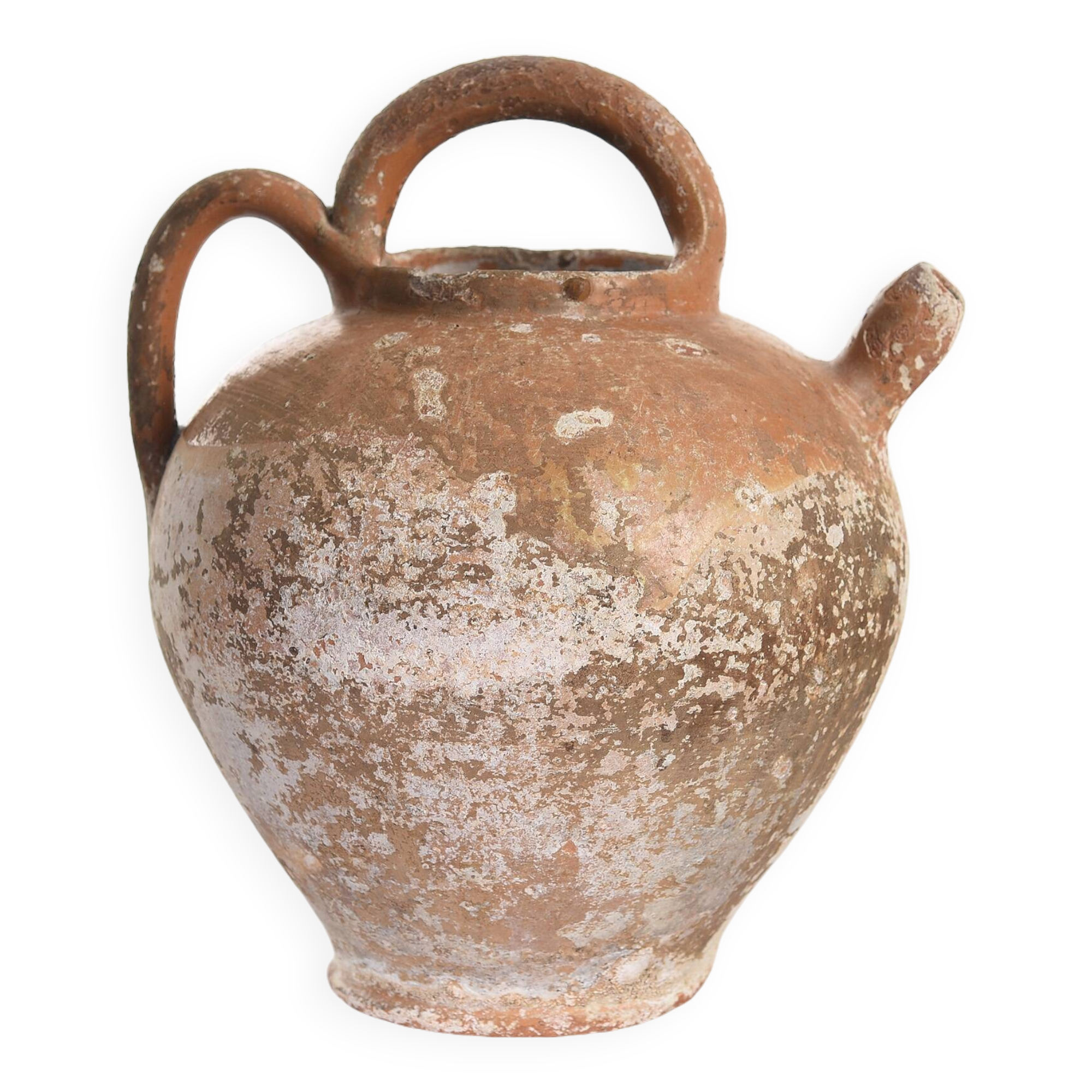 Old water jug. Gargoulette. Old terracotta pitcher.