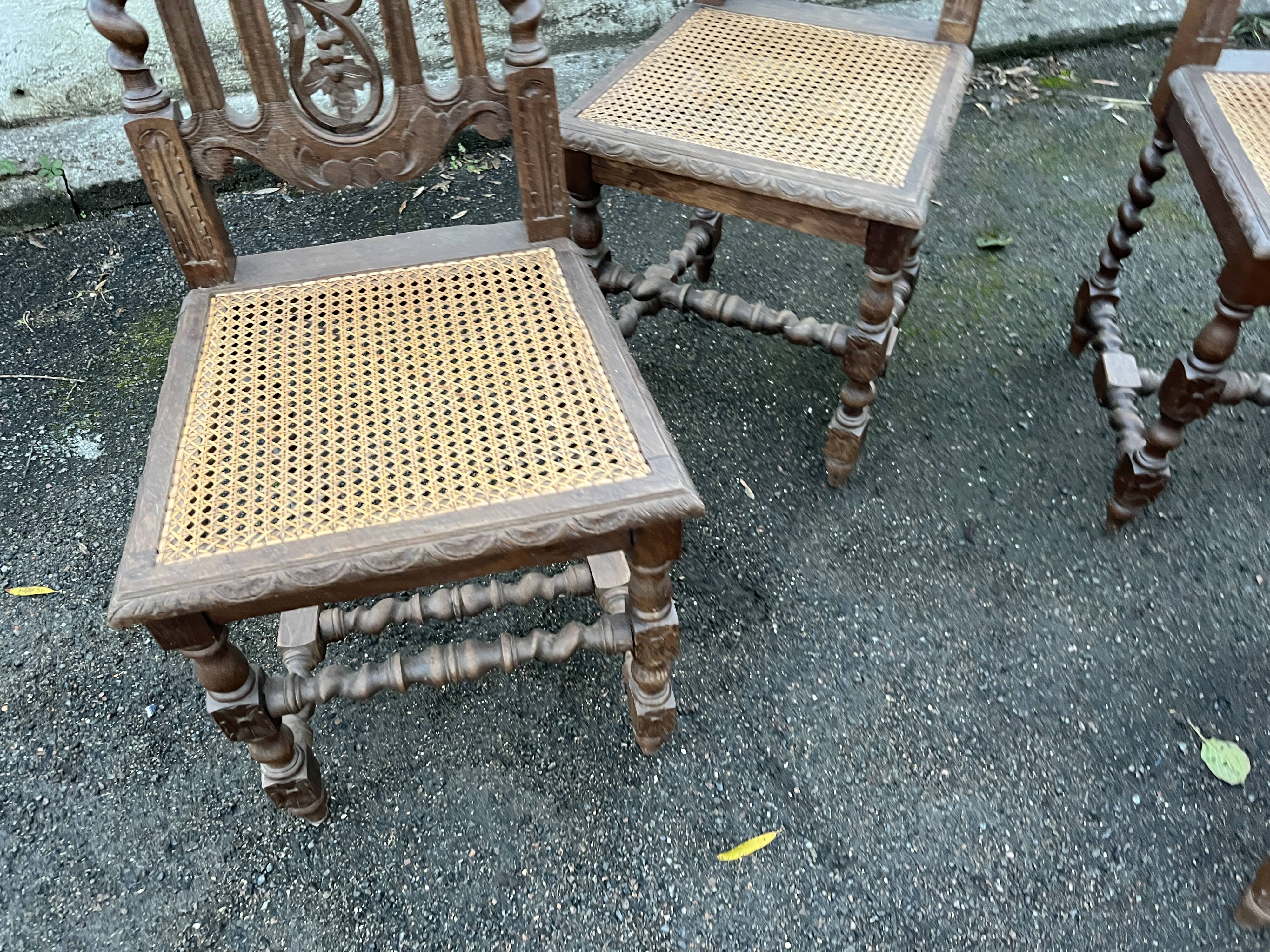 4 Henri II style chairs with twisted columns and cane seats