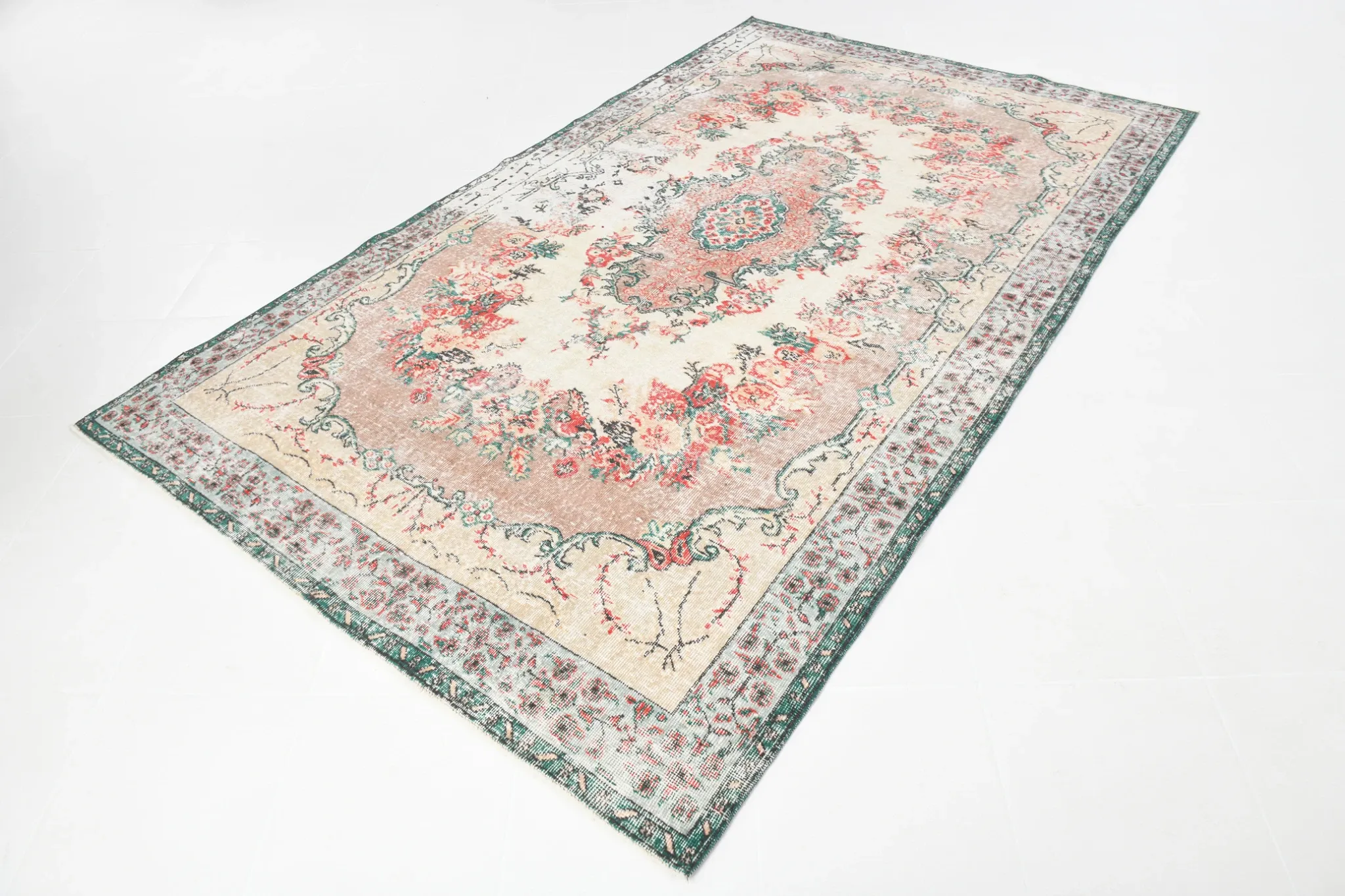 Dusty Red & Green Turkish Vintage Rug, Persian Style Oriental Carpet,