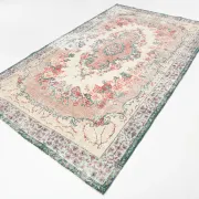 Dusty Red & Green Turkish Vintage Rug, Persian Style Oriental Carpet,
