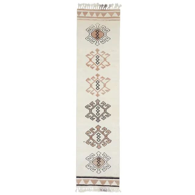 1970s Vintage Turkish Hand-Knotted Wool Cotton Beige Runner Rug 87x366