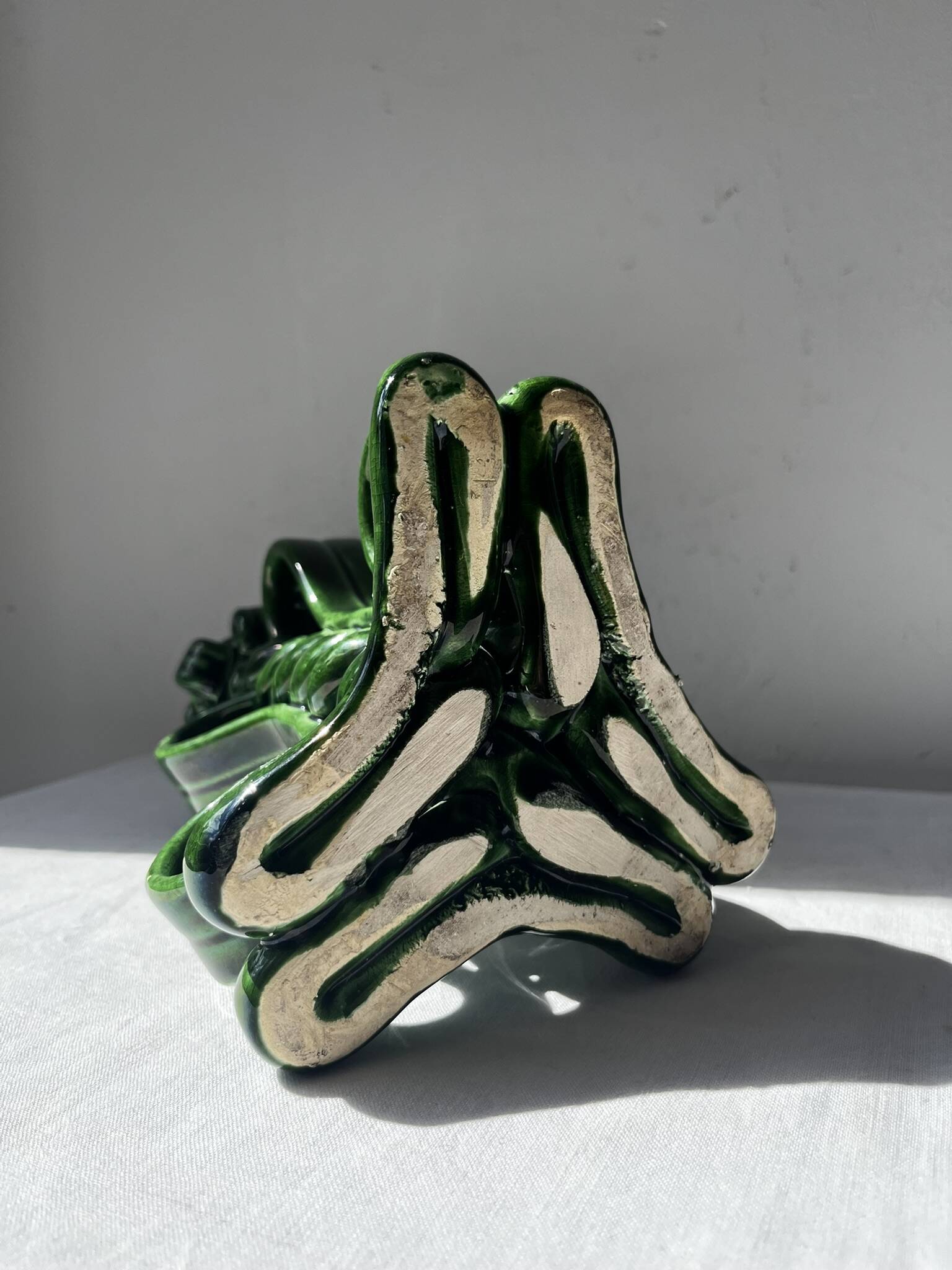 Lot of woven ceramic candle holders in green Vallauris.