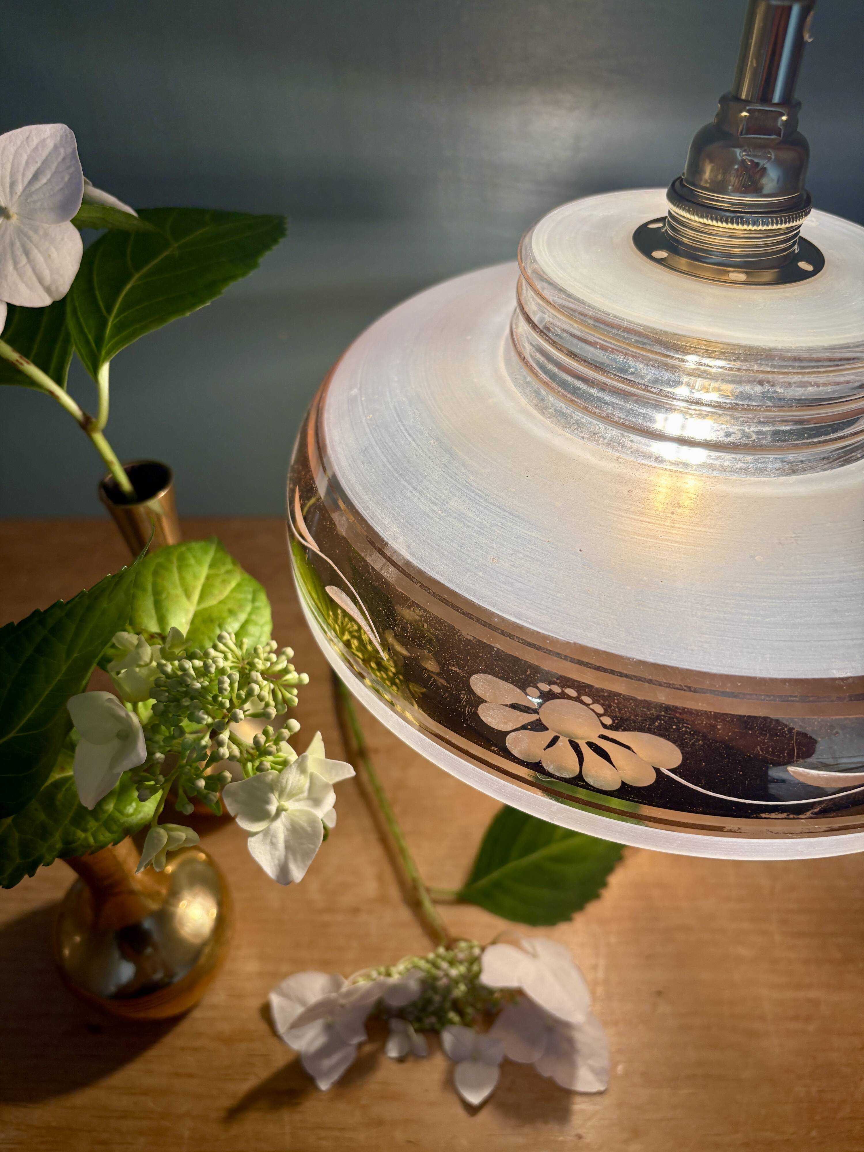 Vintage frosted glass pendant lampshade with gold frieze