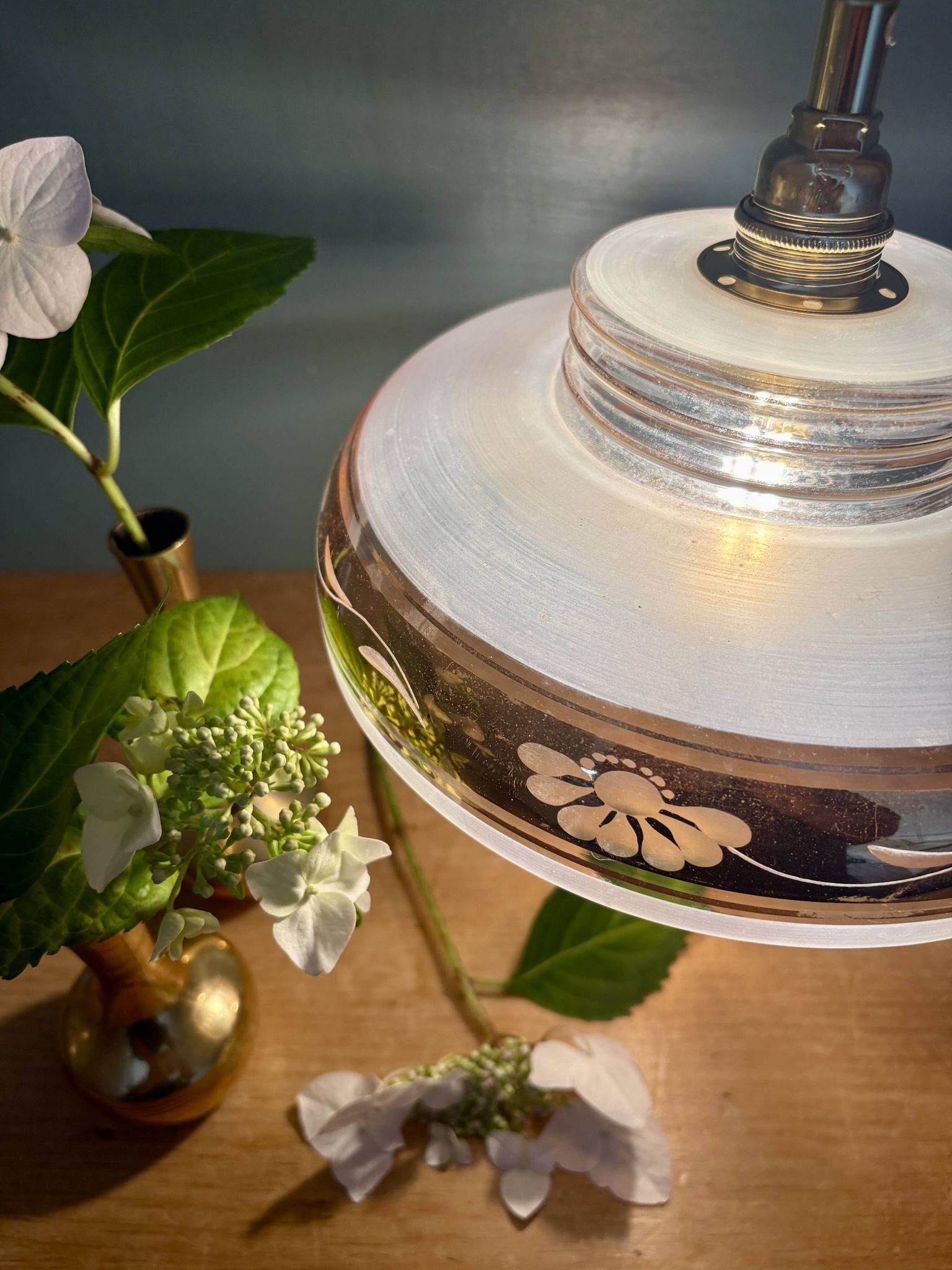 Vintage frosted glass pendant lampshade with gold frieze